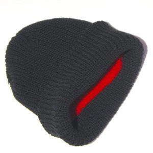11" Unisex Black Long Warm Rib Knit Winter Beanie w/ Red Inside NWOT